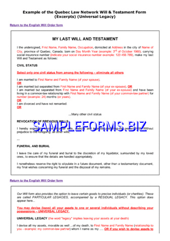 Quebec Last Will and Testament Form pdf free